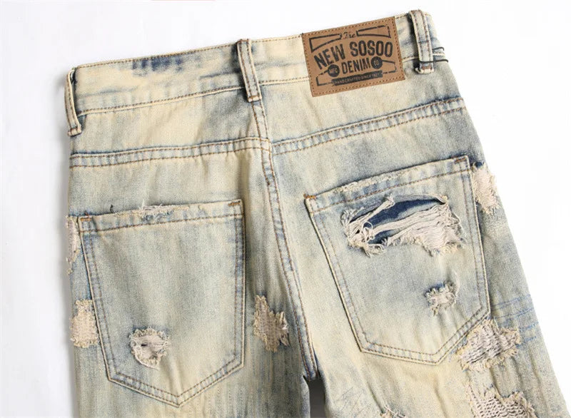 Summer Worn and Scratched Jeans Men's Small Feet Perforated Pockets Ragged Edges Long Pants Slim Fit Printing High Street Tide 2
