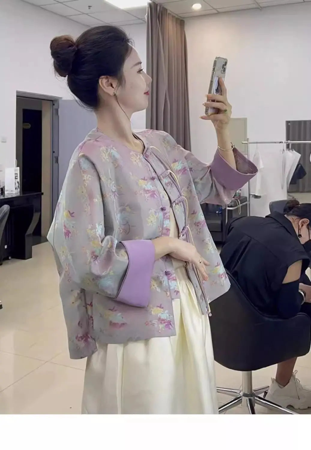 Print Top 2024 New Chinese Style Women's Purple Youth Edition Short Stand Collar Button Coat Women's Spring Autumn Style Elegant
