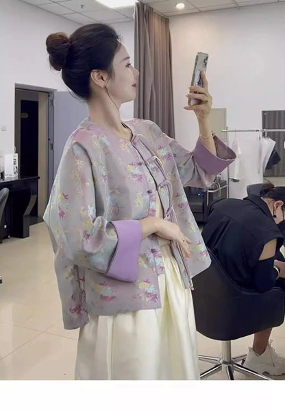 Print Top 2024 New Chinese Style Women's Purple Youth Edition Short Stand Collar Button Coat Women's Spring Autumn Style Elegant