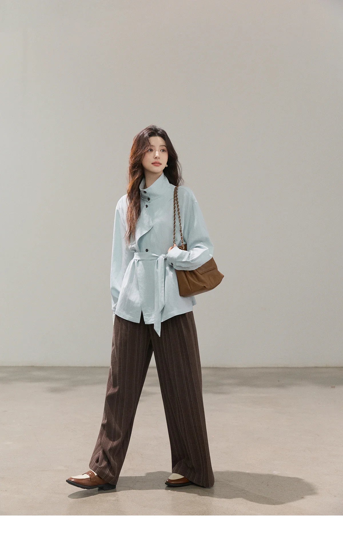 Women's Stand Collar Long Sleeve Shirts Spring Belted Waist Asymmetric Button Tops Casual Loose Solid Shirt MXF13C2459