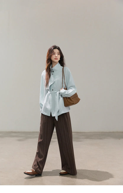 Women's Stand Collar Long Sleeve Shirts Spring Belted Waist Asymmetric Button Tops Casual Loose Solid Shirt MXF13C2459