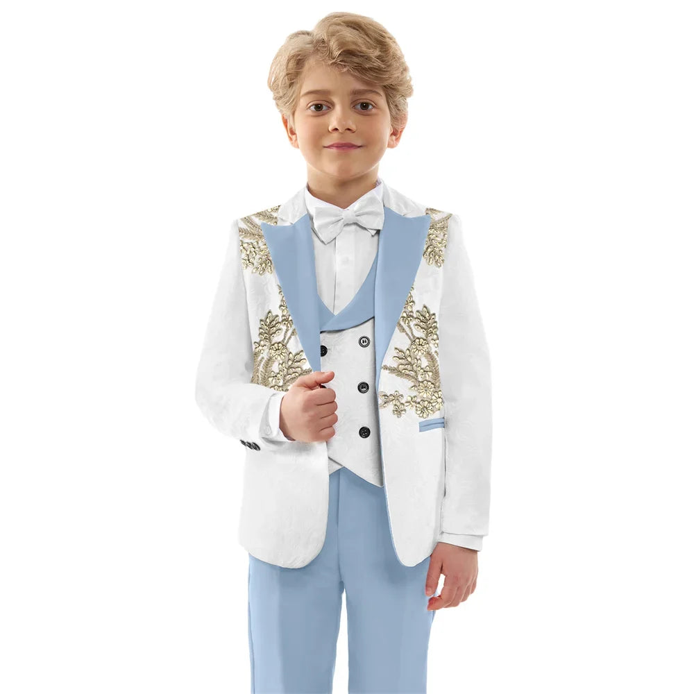 Hot Sale Boys Jacquard Suits 4 Pieces Wedding Ring Bearer Outfit Exquisite Slim Fit Suit Set For Kids School Performance Wear