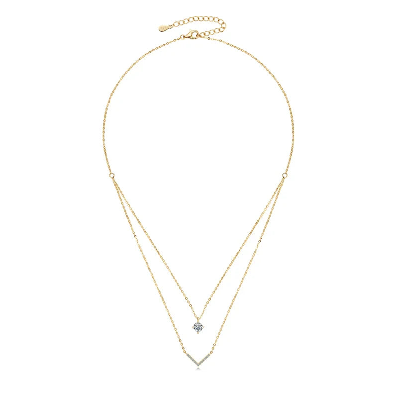 Certified Moissanite V-shape Pendant Double Necklaces Chains for Women S925 Sterling Silver Fine Jewelry Gifts Collares