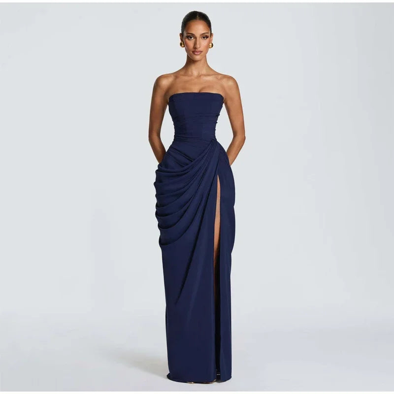 Women Strapless Pleated Long Dress Elegant Solid Split Sleeveless Backless High Waist Slim Fit Maxi Dresses 2026 Lady Party Robe