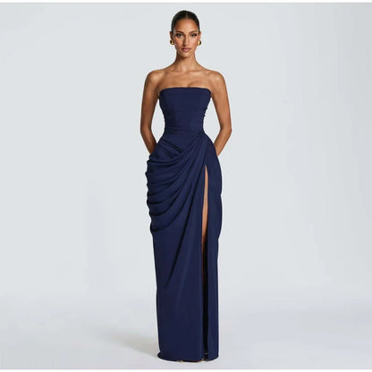 Women Strapless Pleated Long Dress Elegant Solid Split Sleeveless Backless High Waist Slim Fit Maxi Dresses 2026 Lady Party Robe