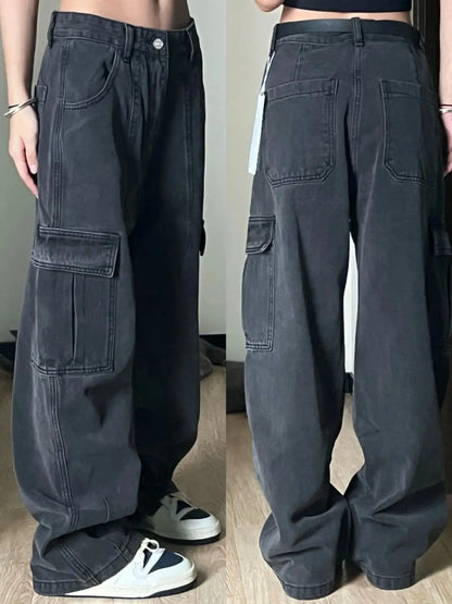 American Vintage Cargo Pants Women Retro Vibe Style Loose Fit Multi Pocket Denim Trousers Casual Straight Leg Workwear Fashion