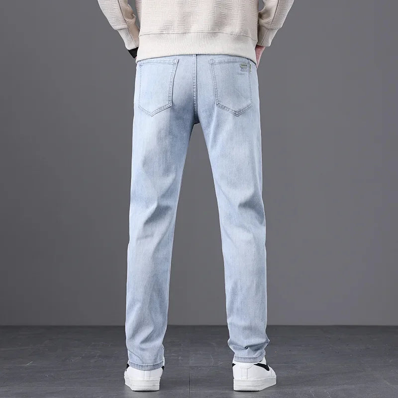 Classic Men Vintage Cloth High Waist Trousers 2024 Autumn Loose Straight Stretch Wash Jeans High Quality Sky Blue Brand Pants