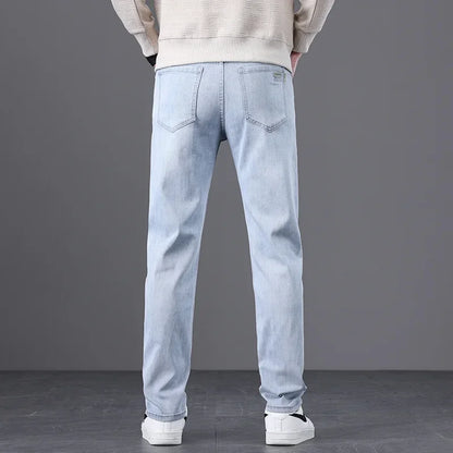 Classic Men Vintage Cloth High Waist Trousers 2024 Autumn Loose Straight Stretch Wash Jeans High Quality Sky Blue Brand Pants