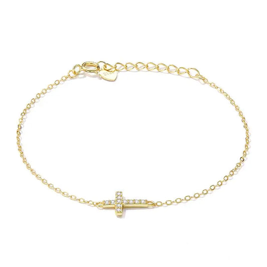 Bracelet réglable en argent sterling 925 véritable avec croix, 15,5 cm + 2,5 cm, chaîne à maillons plaquée or 14 carats, bijoux de luxe, cadeau pour femme