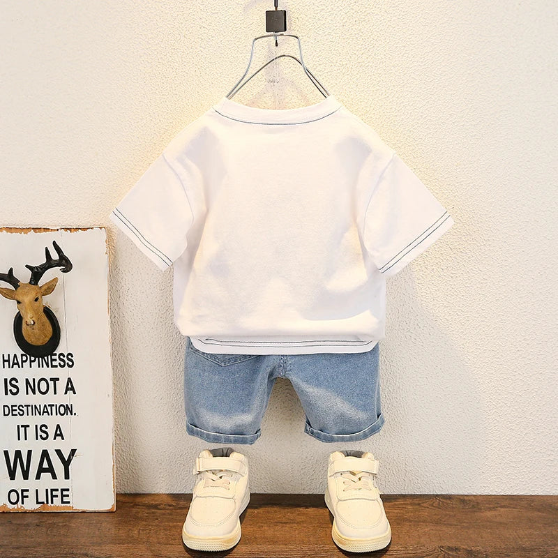 Fashion Baby Boys T-Shirt + Denim Shorts Sets 0-6 Years Old Summer Little Children's Girls Clothing Suits