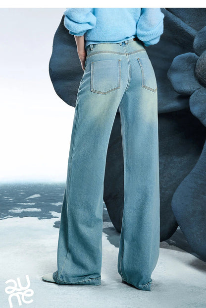 Women Denim Jeans 2025 Spring New Acetate Wide Leg Mid Low Waist Slim Fit Straight Wide Leg Pants
