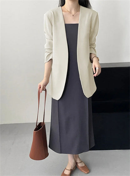 Fashion New Solid Casual Joker Women's Blazer Spring Autumn No Placket Cardigan Suit Jackets V-neck Long Sleeve 19-Color Coats