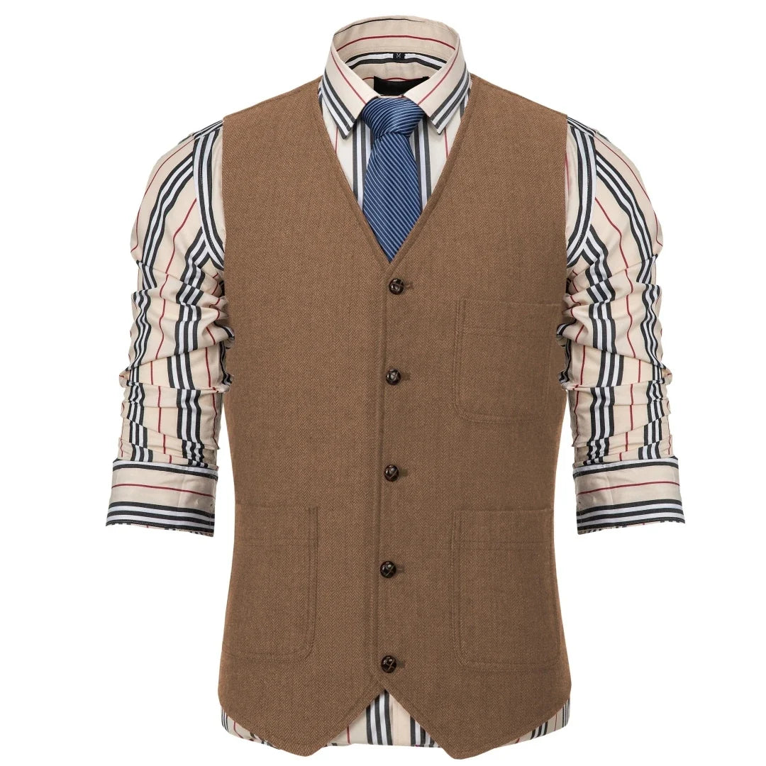 Men Vest Brown Herringbone Single Button With Pocket Waistcoat For Wedding Party Business Work Office Daily Casual Men Suit Vest
