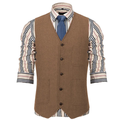 Men Vest Brown Herringbone Single Button With Pocket Waistcoat For Wedding Party Business Work Office Daily Casual Men Suit Vest