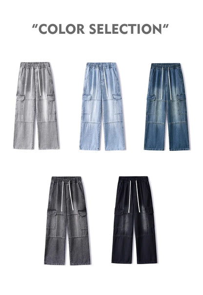 2025 new men's cement grey work jeans Y2K street hip-hop large pocket wide-leg straight jeans trousers jogging black light blue