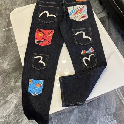 Mens Jeans Harajuku Fortune God Print Multi Pocket Denim Pants New Workwear Cargo Trousers Casual Streetwear Fashion Autumn New