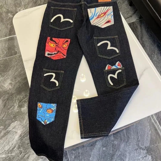 Mens Jeans Harajuku Fortune God Print Multi Pocket Denim Pants New Workwear Cargo Trousers Casual Streetwear Fashion Autumn New