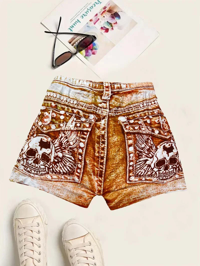 Women's Faux Denim Print High Stretch Slim Shorts, Versatile Yoga Shorts, Polyester Non-Denim Material