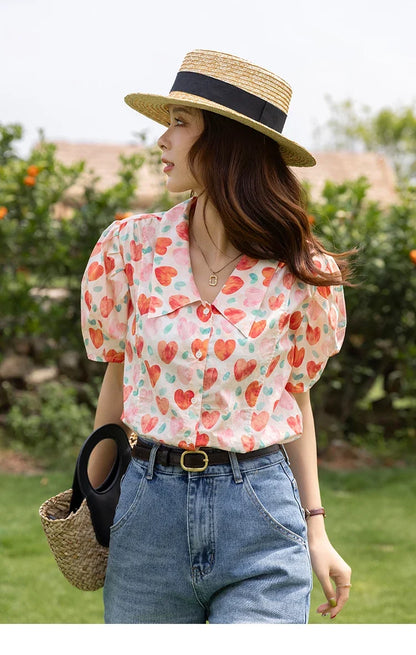 Korean Chic Fashion Women Stylish Blouses Summer French Sweet Retro Floral Polo-neck Puff Sleeves Tops MXB27C0450