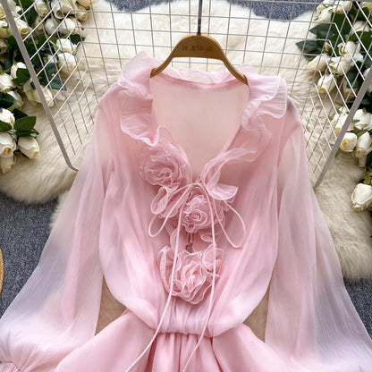 3D Floral Beach Short Dress Female Long Sleeves Lace Up Ruffle Chiffon Cake Sundress Sheer Sexy Vintage Bohemian Dress