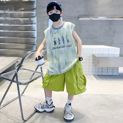 New Summer Kids Clothing Set Sleeveless T-shirt Suit with Shorts for Boy Luxurious Cotton Tracksuit 5 6 7 8 9 10 11 12 13 14 T