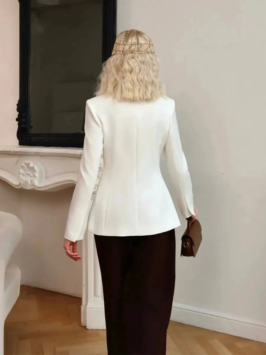 Women 2026 Spring Autumn Mandarin Collar Blazer Ruched Front Multi Row Buttons Long Sleeve Fit Formal Office Outerwear Coat