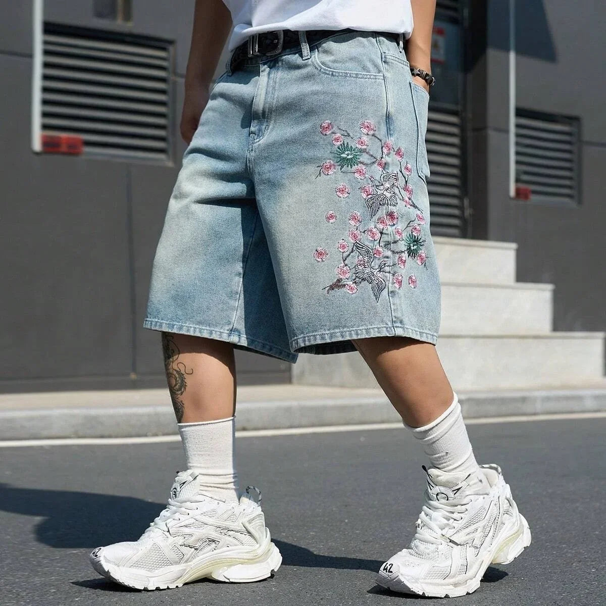 Men's Light Blue Cherry Blossom Embroidered Denim Shorts, Loose Wide-Leg Streetwear Trendy Denim Capris
