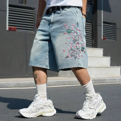 Men's Light Blue Cherry Blossom Embroidered Denim Shorts, Loose Wide-Leg Streetwear Trendy Denim Capris