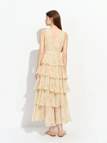 2026 Summer French-Inspired Floral Ruffle Hem Sleeveless V-Neck Tiered Maxi Dress - Romantic for Vacation and Daily Wear