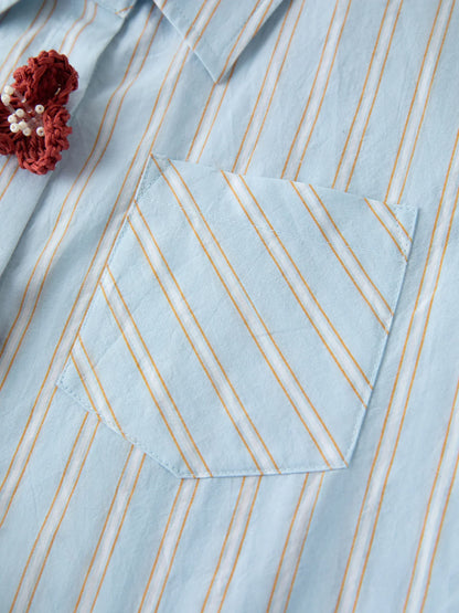 2026 Spring New Arrival Design Driven Stripe Short Sleeve Women's Long Sleeve Top 100% Cotton 3D Flower Buttons Blouses