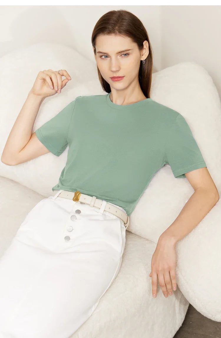 Minimalism Women T-shirts 2024 Summer New Casual Basic O-Neck Slim Short-sleeve Female Dopamine Color Solid Tees 12442327