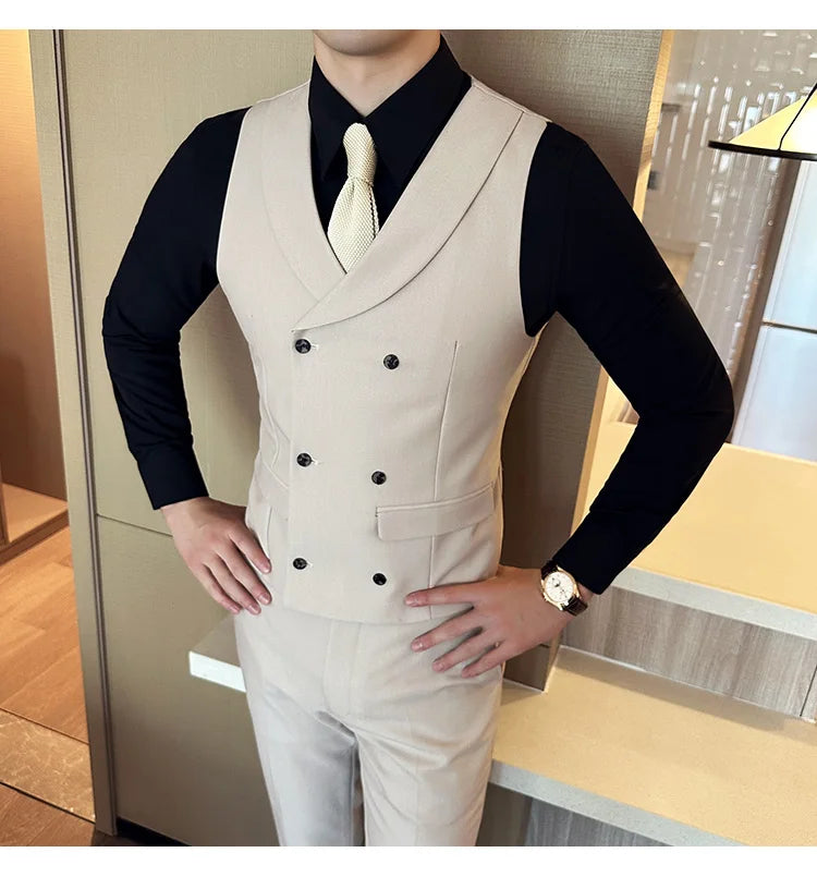 ( Vest + Pants) Men's Double-breasted Suit Vest 2 Pieces Set High Quality Business Casual Fashion Groom Wedding Dress Vest Sets
