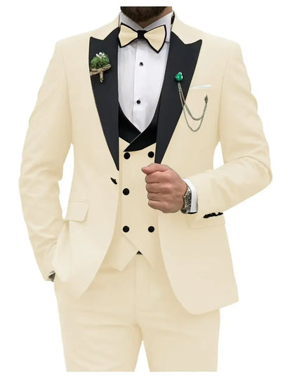 Slim Fit Men Suits Double Breasted Groom Formal Business Male Blazer Set Peak Lapel Party Wedding Tuxedo (Jacket+Vest+Pants)
