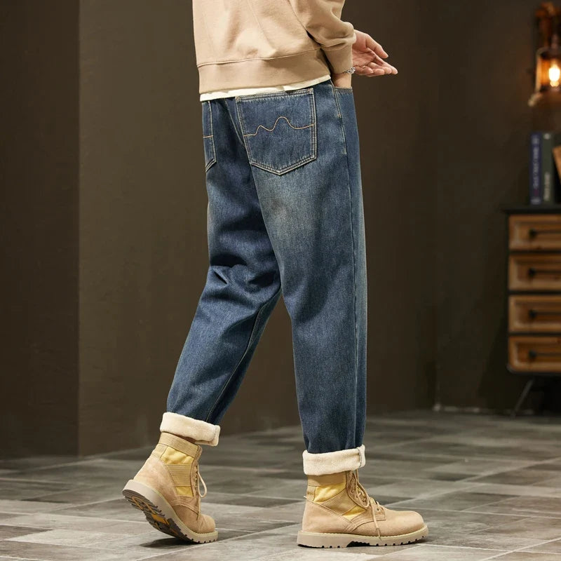 Retro Loose Winter Fleece Jeans Men's Warm Thicken Fashion Casual Denim Pants Comfortable Plush Velvet Thermal Male Trousers