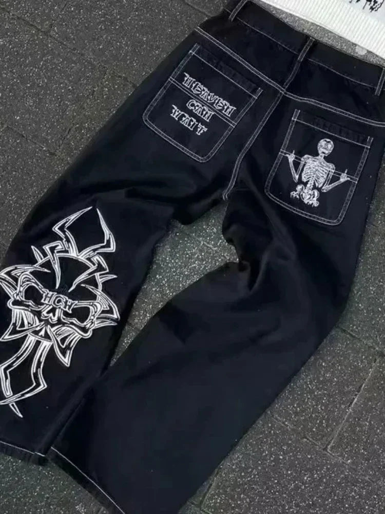 Mens Jeans Harajuku Vintage Gothic Punk Dark Grey Cargo Denim Pants Metal Buckles Chains Multi Pocket Adjustable Strap Y2K New