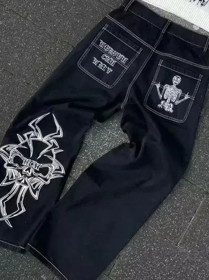 Mens Jeans Harajuku Vintage Gothic Punk Dark Grey Cargo Denim Pants Metal Buckles Chains Multi Pocket Adjustable Strap Y2K New