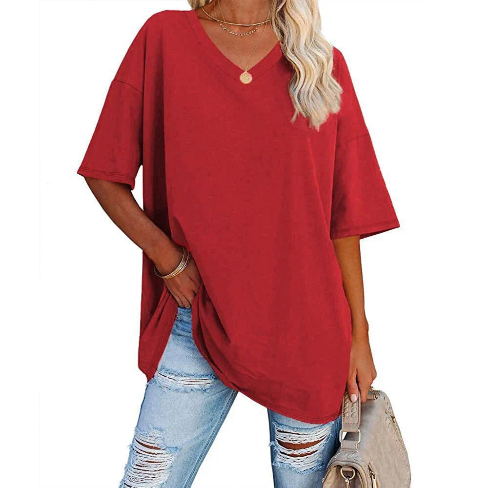 Women's Loose V-Neck Top Spring/Summer New Color Half Sleeve European American Style Clothing Amazon Foreign Trade