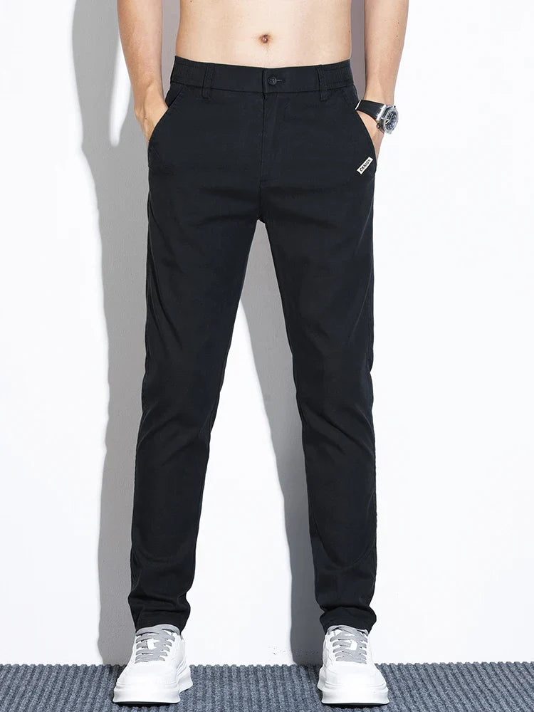 Thin Men's Pants Spring Summer Straight Casual Pants Lyocell Fabric Fashion Slim Stretch Korean Trousers Solid Color 2025 New