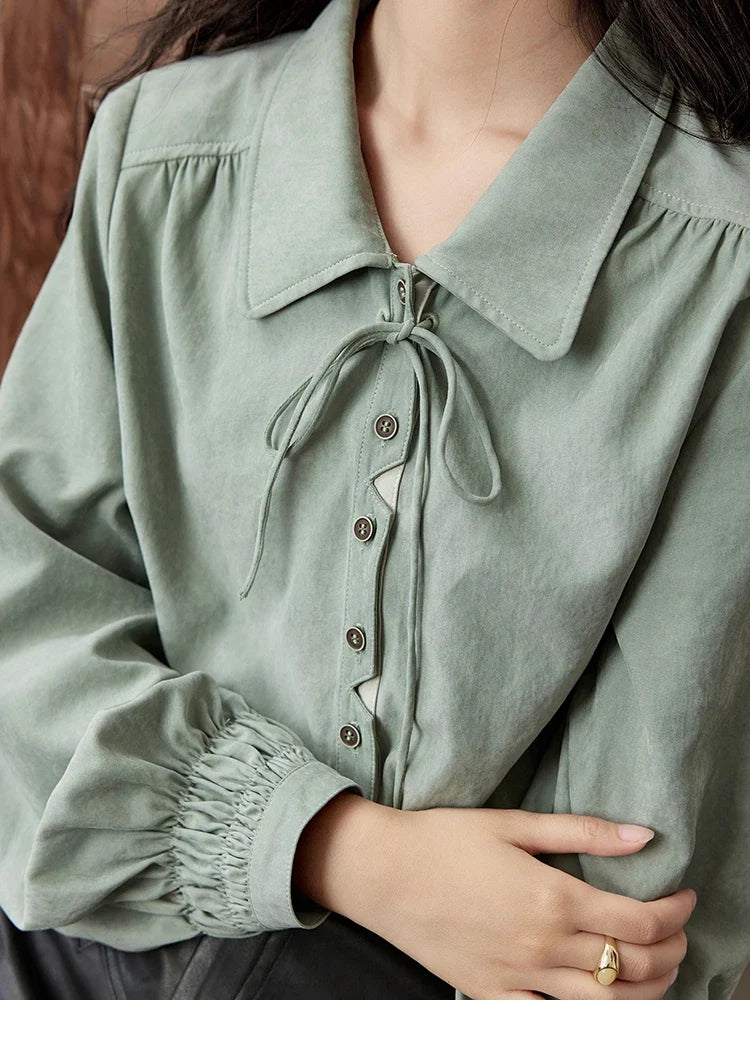 Vintage Green Blouse Women French Lapel Bow Lace-up Top 2025 Autumn Sweet Shirt Sleeve Outwear Commute Shirts MXD44C0337