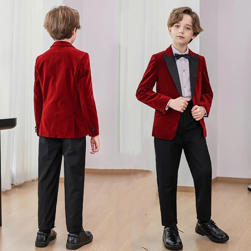 5Pcs Boys Christmas Velvet Formal Suits Kids Slim Tuxedo Set Classic Wedding Birthday Wear 3-12Years