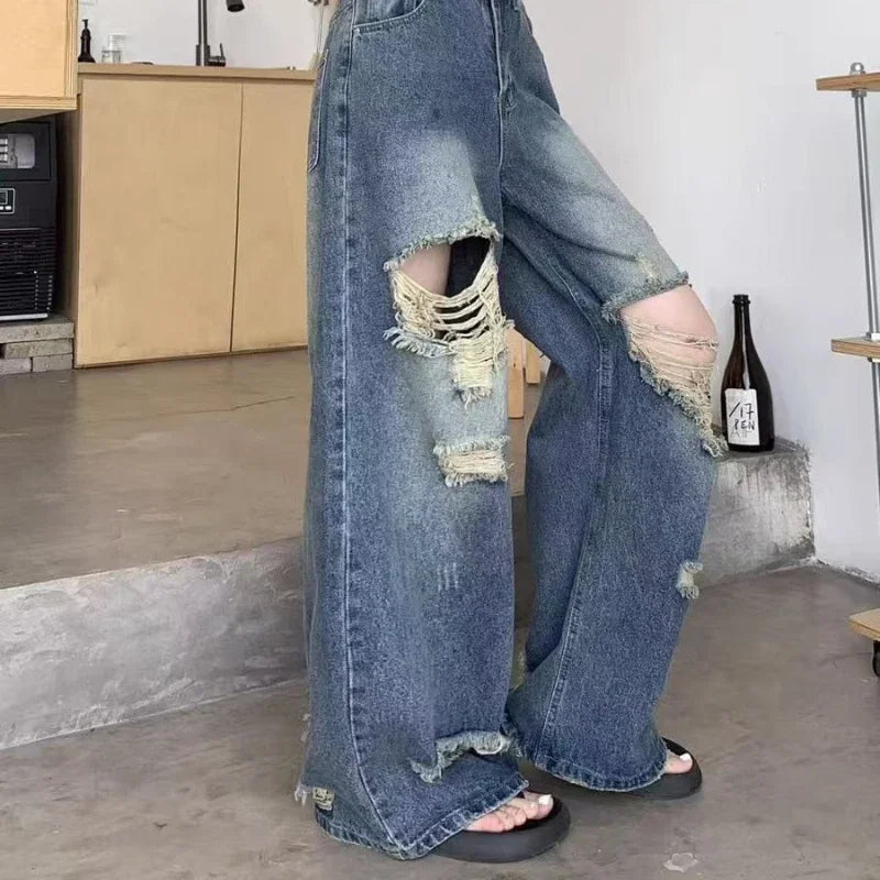 Casual Denim Pant Women Jeans Vintage Straight Trousers Autumn Spring Fashion Female Blue Wide Leg Pants Hole Jeans
