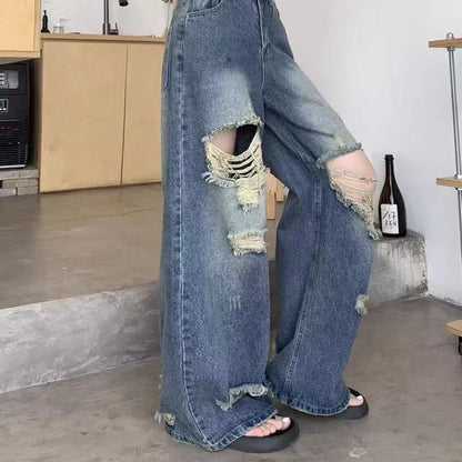 Casual Denim Pant Women Jeans Vintage Straight Trousers Autumn Spring Fashion Female Blue Wide Leg Pants Hole Jeans