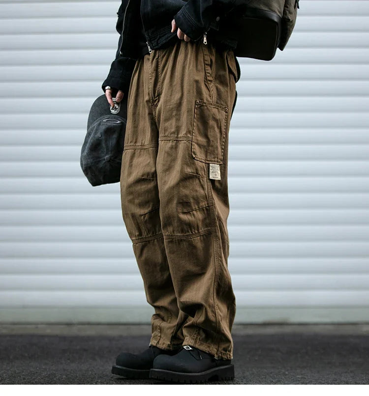 Japanese Vintage Cargo Pants Men Premium Cotton Loose Fit Straight Leg American Fashion Casual Trendy Streetwear Long Workwear