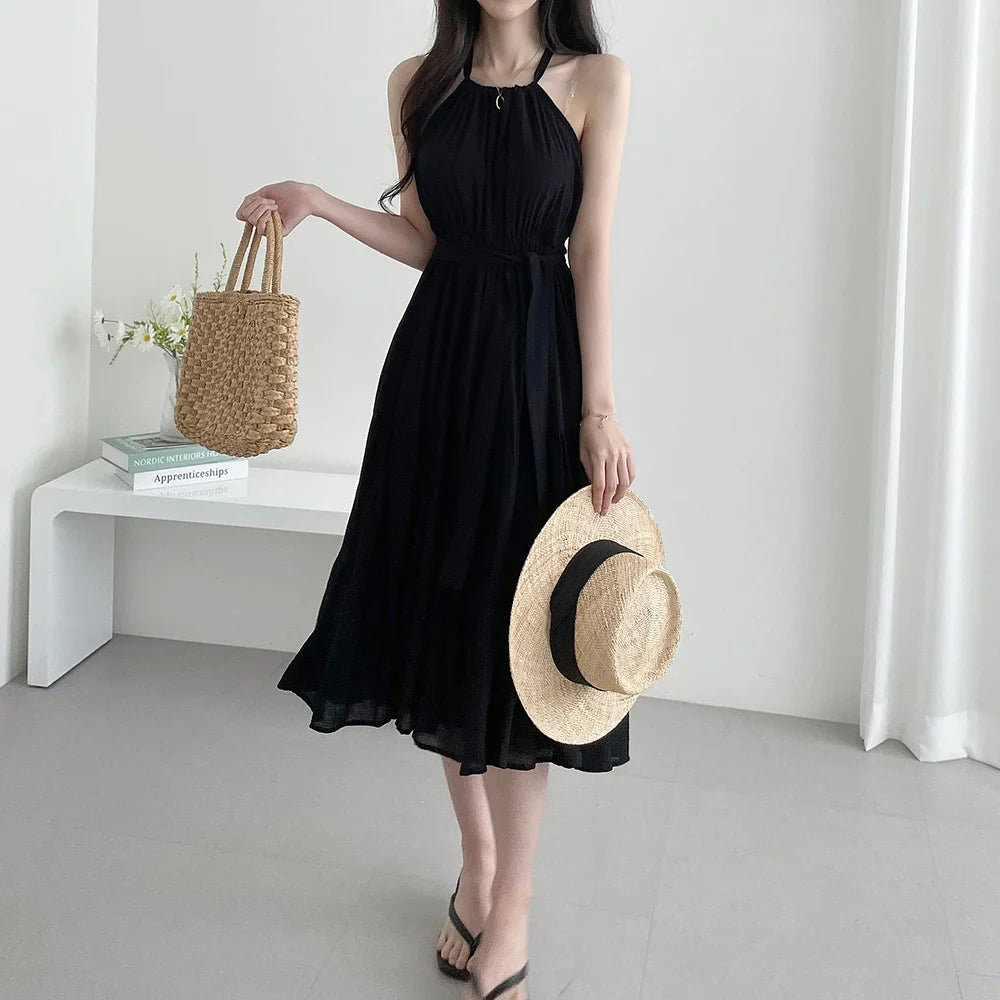 Korean Style Summer Slimming Necktie Waist Cinched Sleeveless Vest Long Dress Women's Fashionable Commute Style Inner Wear