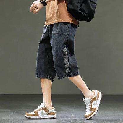 Korean Style Summer Men's Black Wide Leg Denim Shorts New Fashion Casual Baggy Short Jeans Male Plus Size 6XL 8XL YBR602