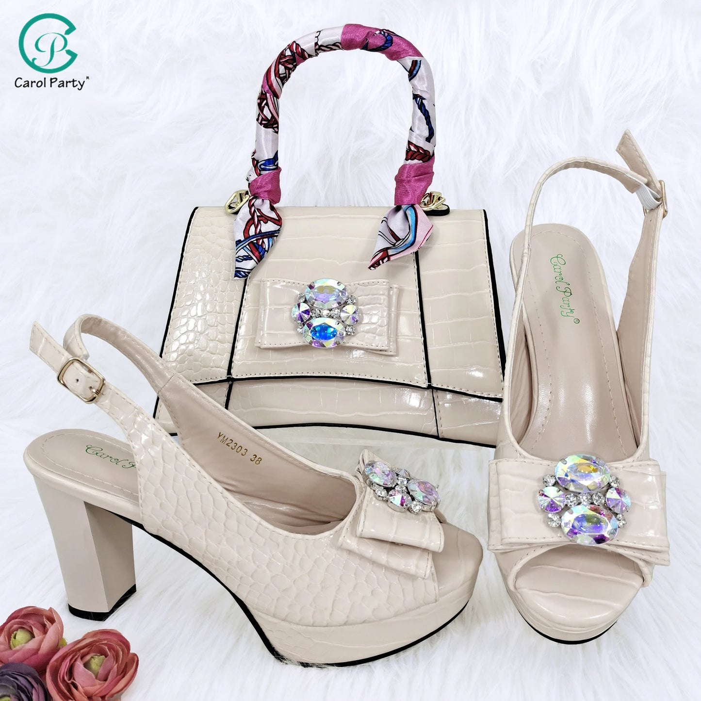 Crocodile Textured Ribbon And Colorful Crystal Embellished Clutch With Long Shoulder Strap Women's Shoes And Bag Set
