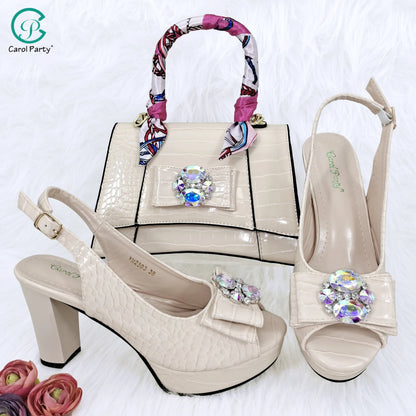 Crocodile Textured Ribbon And Colorful Crystal Embellished Clutch With Long Shoulder Strap Women's Shoes And Bag Set