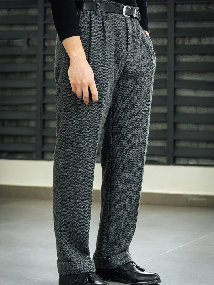American Vintage Hollywood Waist Wool Tweed Casual Pants Hollywood Classic Loose Straight Leg Pants
