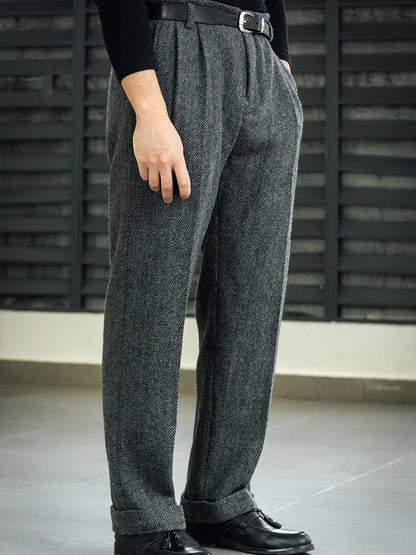 American Vintage Hollywood Waist Wool Tweed Casual Pants Hollywood Classic Loose Straight Leg Pants