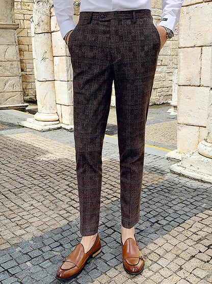 Boutique Classic Plaid and Striped Fashion Men's Casual Business Slim Suit Pants Groom Wedding Dress Trousers Party